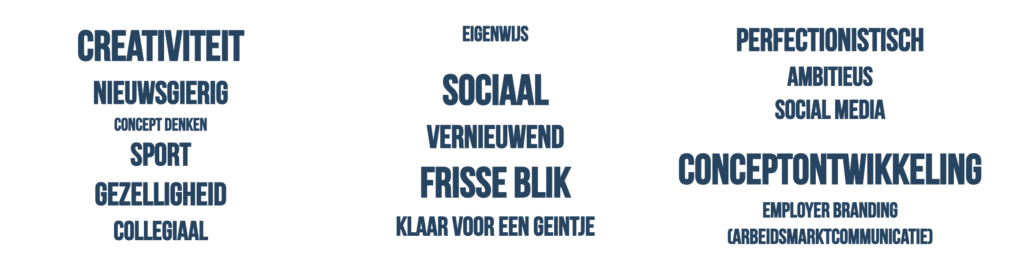 Een reeks woorden en begrippen gerelateerd aan persoonlijke kwaliteiten en vaardigheden, verdeeld over drie kolommen. De woorden omvatten onder andere creativiteit, sociaal, perfectionistisch, vernieuwend en conceptontwikkeling, weergegeven in blauwe letters op een witte achtergrond.