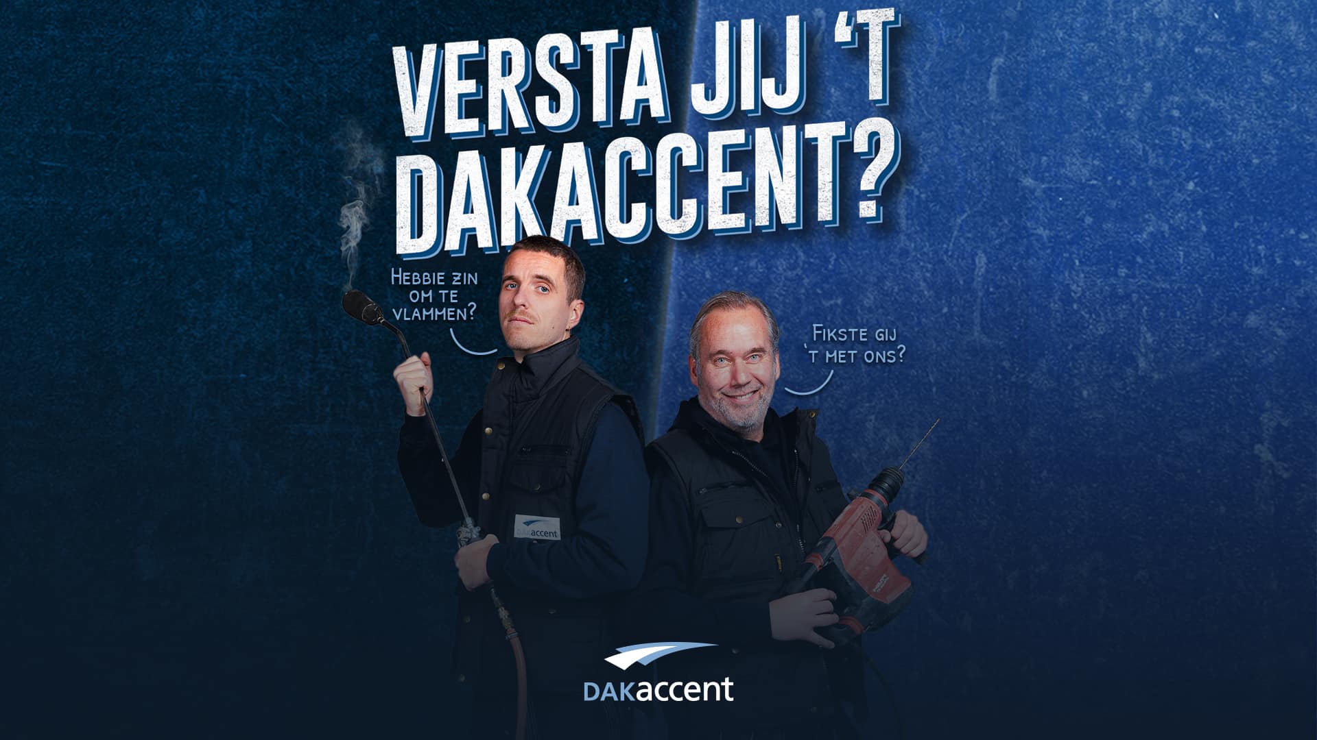 Twee mannen met tekstballonnen, ze hebben beide een gereedschap in hun handen.