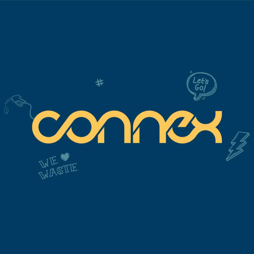 Connex logo met blauwe achtergrond met tekentjes
