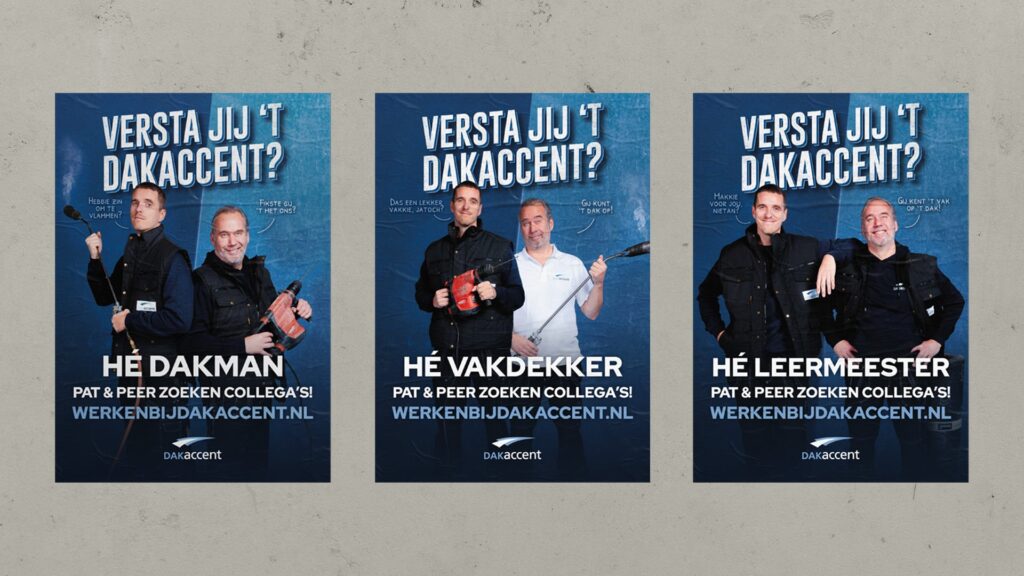 Drie posters van Dakaccent, het zijn twee mannen. Ze staan op elke poster in een andere pose.