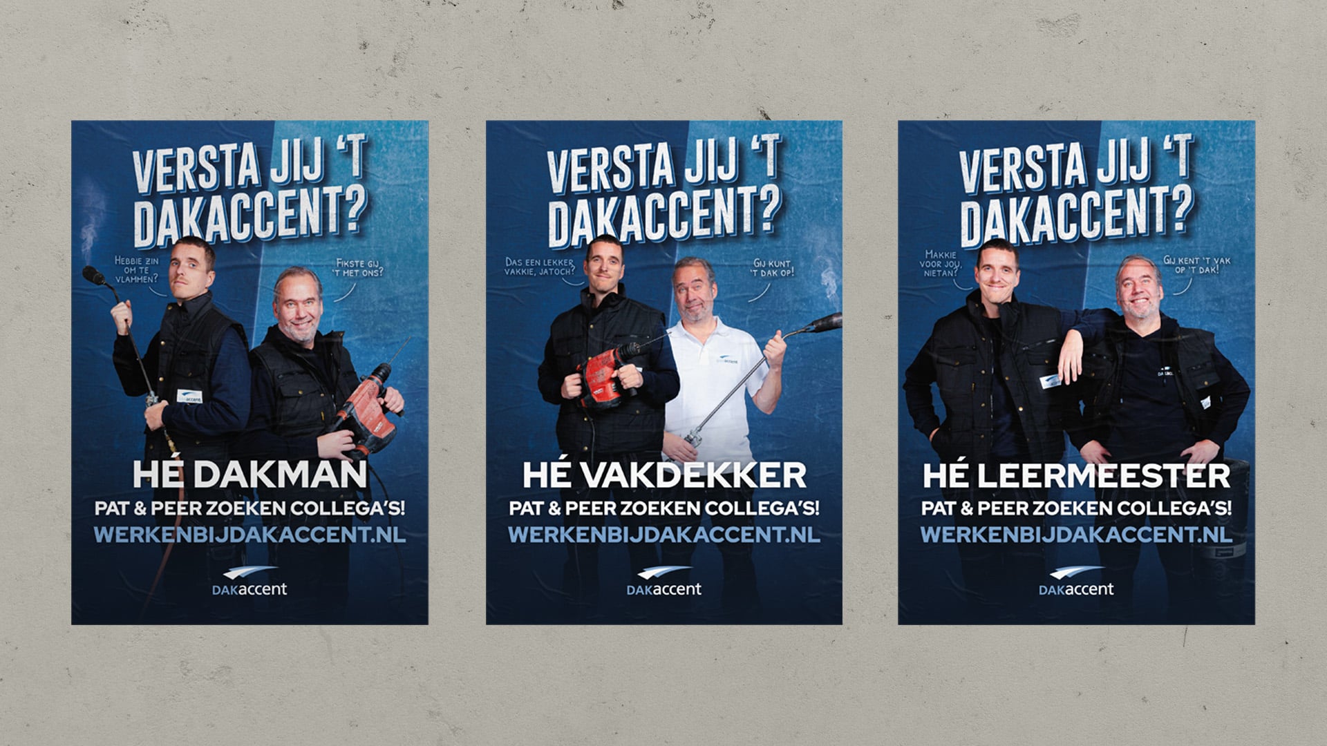 Drie posters van Dakaccent, het zijn twee mannen. Ze staan op elke poster in een andere pose.