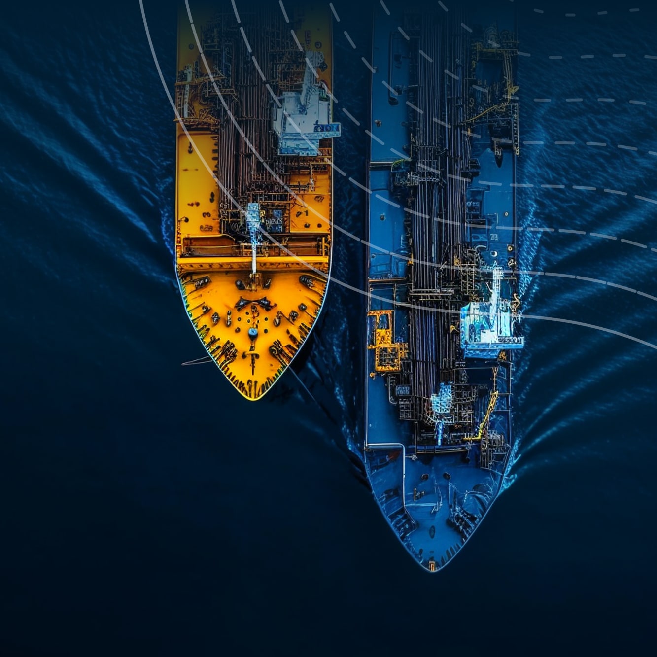 Een afbeelding van 2 schepen die VTTI en Connex voorstellen en samen dezelfde koers varen