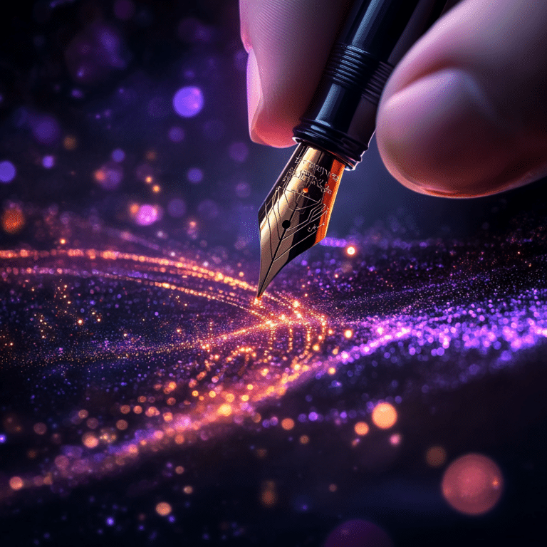 Close-up van een luxe vulpenpunt die een magisch spoor van lichtgevende, paarse en gouden deeltjes op een donkere achtergrond creëert. De scène heeft een dromerige en futuristische uitstraling.