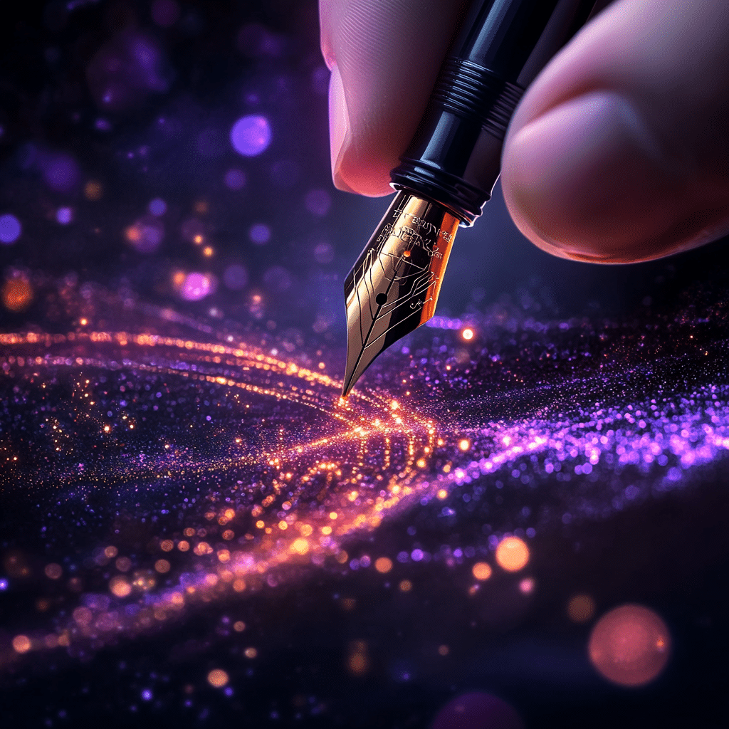 Close-up van een luxe vulpenpunt die een magisch spoor van lichtgevende, paarse en gouden deeltjes op een donkere achtergrond creëert. De scène heeft een dromerige en futuristische uitstraling.